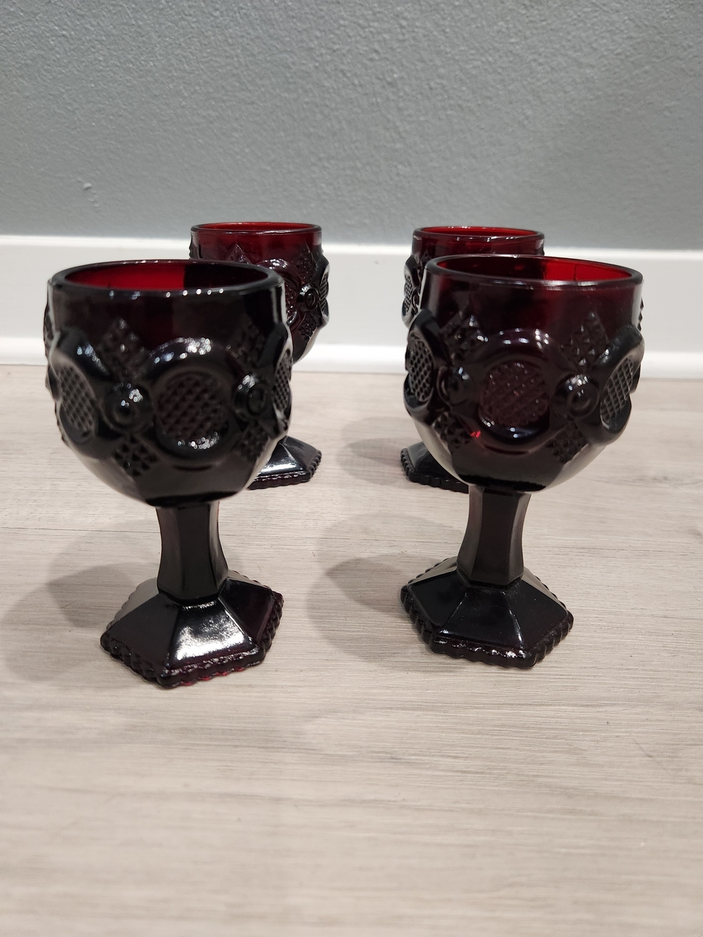 Set of 4 Ruby Red Pressed Glass Goblets